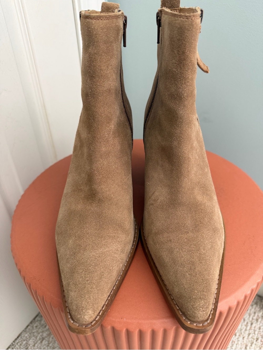 House of Harlow Suede Pointed Toe Ankle Boots in Tan